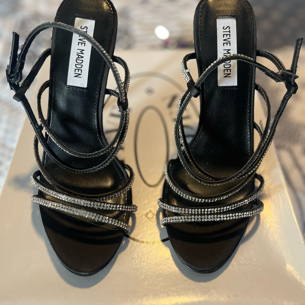 Steve Madden Black Strappy Heels with Rhinestone Embellishments